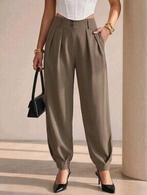 Women's Elegant High Waist Double Button Decor Pleated Straight Leg Pants